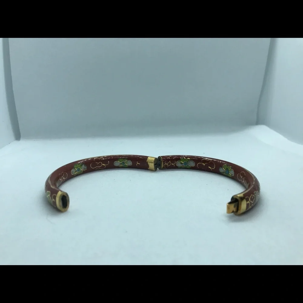 Vintage Caramel Enameled Cloisonné Hinge‎ flower and leaf bracelet